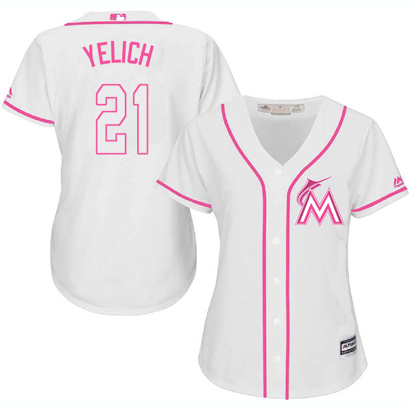 Marlins 21 Christian Yelich White Pink Women Cool Base Jersey