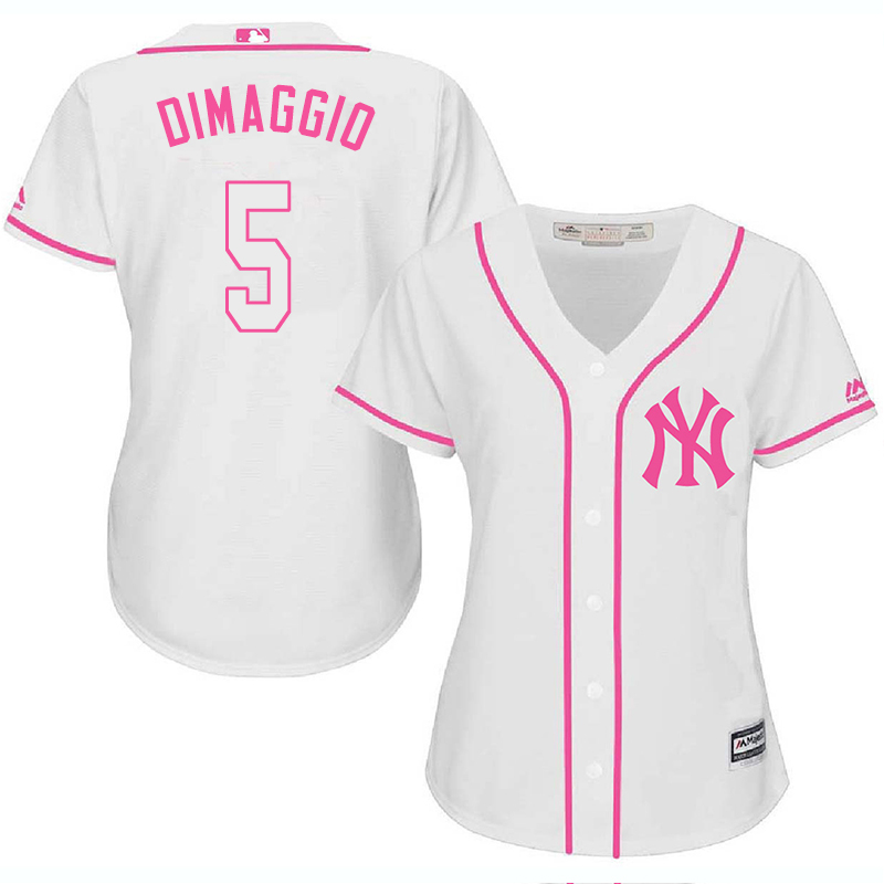 Yankees 5 Joe Dimaggio White Pink Women Cool Base Jersey