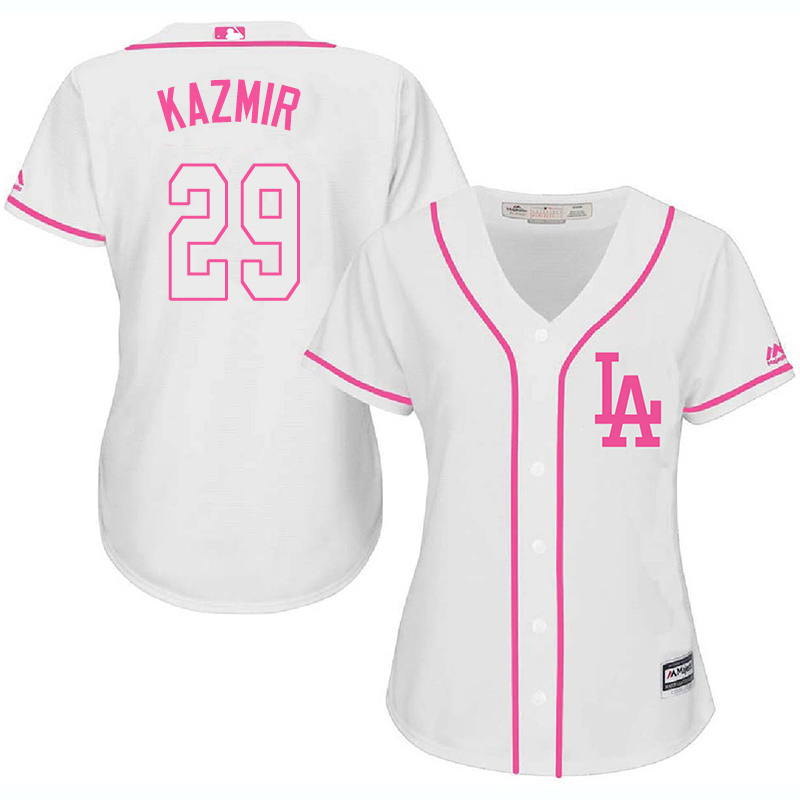 Dodgers 29 Scott Kazmir White Pink Women Cool Base Jersey