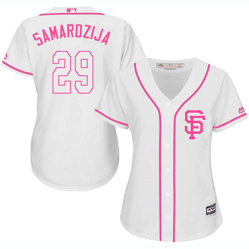 Giants 29 Jeff Samardzija White Pink Women Cool Base Jersey
