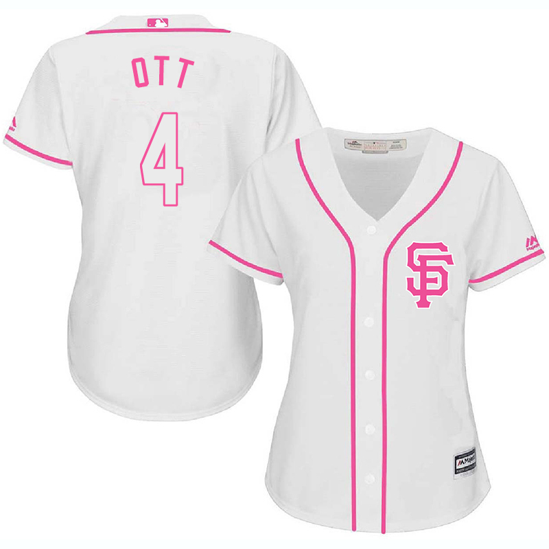 Giants 4 Mel Ott White Pink Women Cool Base Jersey