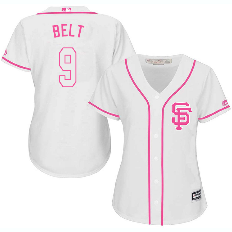 Giants 9 Brandon Belt White Pink Women Cool Base Jersey