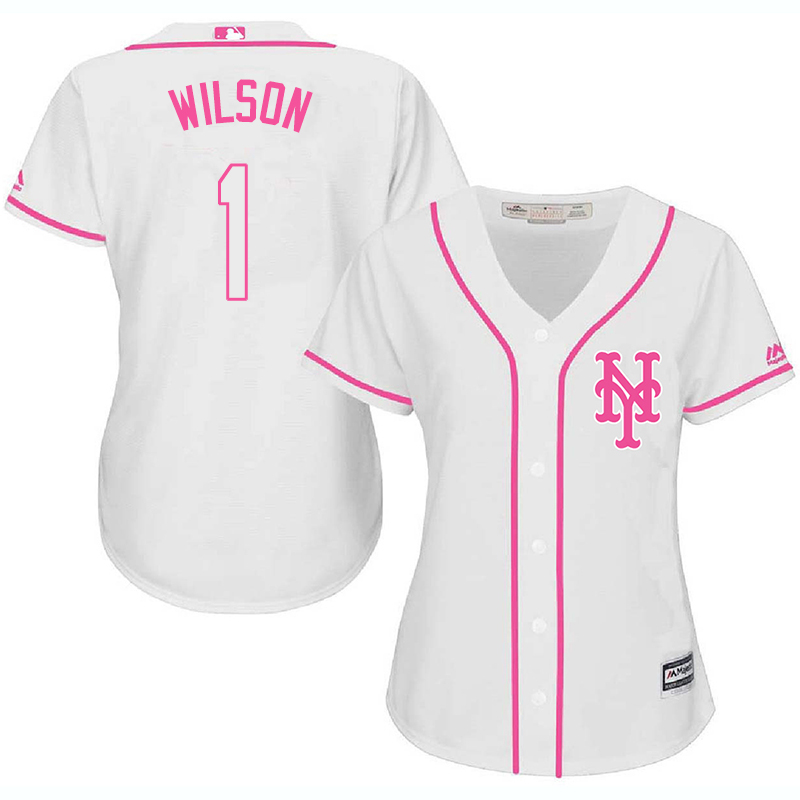 Mets 1 Mookie Wilson White Pink Women Cool Base Jersey