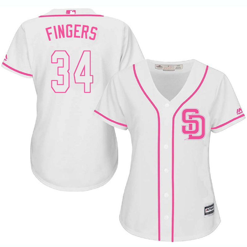 Padres 34 Rollie Fingers White Pink Women Cool Base Jersey