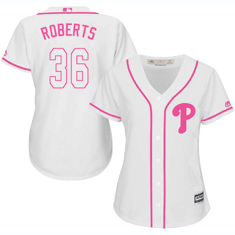 Phillies 36 Robin Roberts White Pink Women Cool Base Jersey