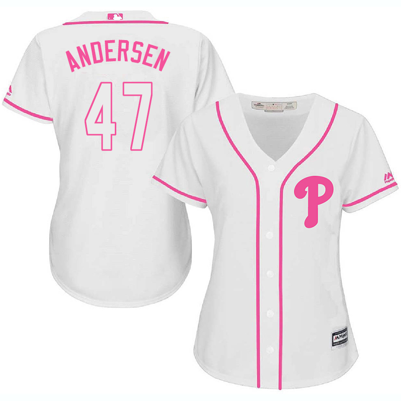 Phillies 47 Larry Anderson White Pink Women Cool Base Jersey