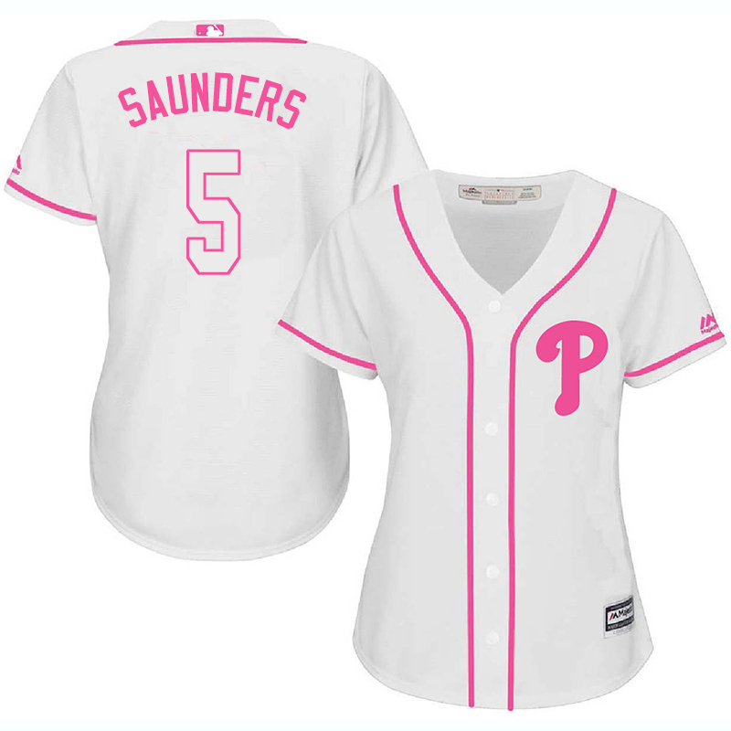 Phillies 5 Michael Saunders White Pink Women Cool Base Jersey