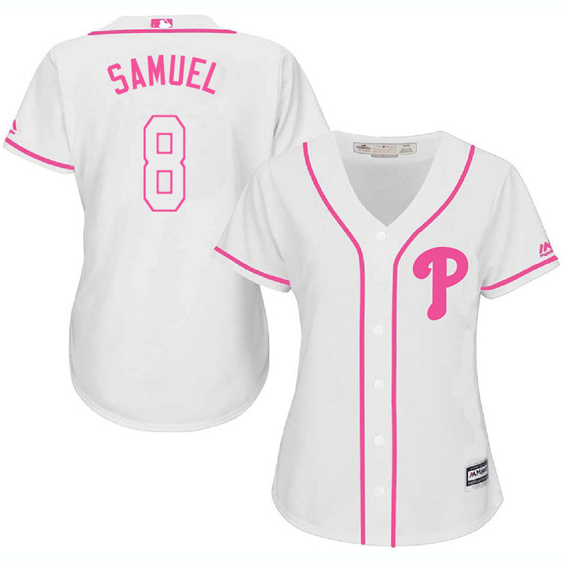 Phillies 8 Juan Samuel White Pink Women Cool Base Jersey