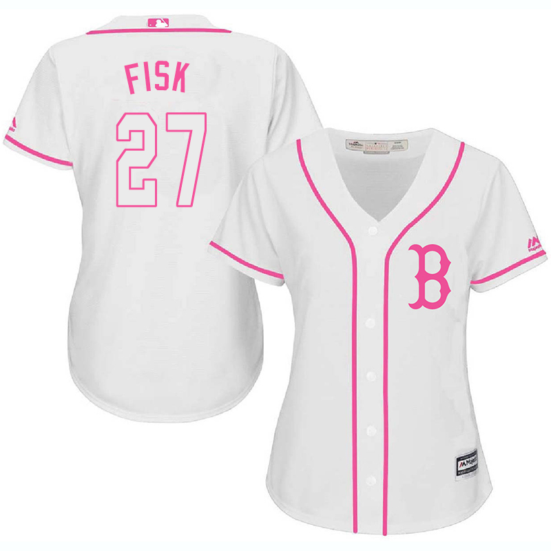 Red Sox 27 Carlton Fisk White Pink Women Cool Base Jersey