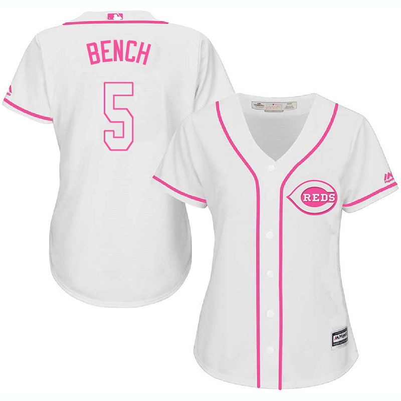 Reds 5 Johnny Bench White Pink Women Cool Base Jersey