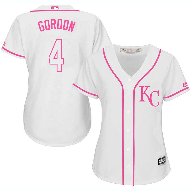 Royals 4 Alex Gordon White Pink Women Cool Base Jersey