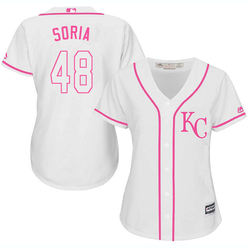 Royals 48 Joakim Soria White Pink Women Cool Base Jersey