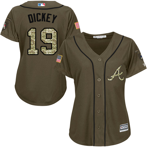 Braves 19 R.A. Dickey Olive Green Women Cool Base Jersey