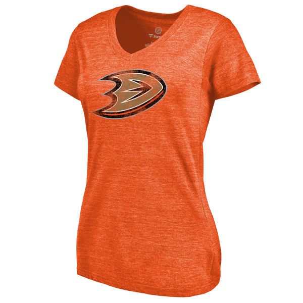 Anaheim Ducks Women's Distressed Team Primary Logo V Neck Tri Blend T-Shirt Orange
