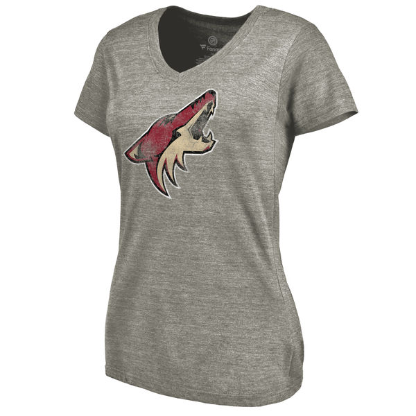 Arizona Coyotes Women's Distressed Team Logo Tri Blend V Neck T-Shirt Ash