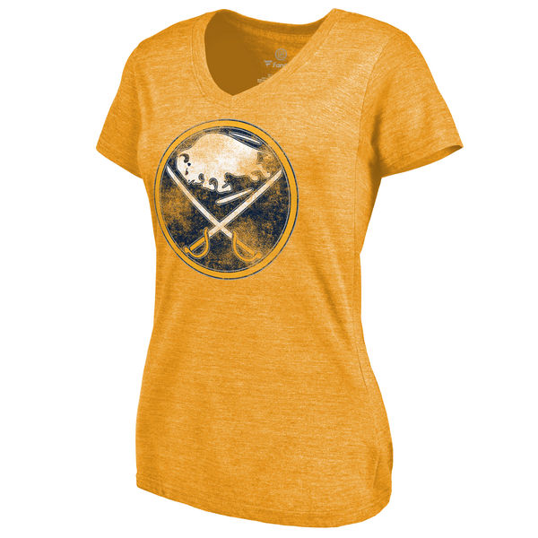 Buffalo Sabres Women's Distressed Team Primary Logo V Neck Tri Blend T-Shirt Gold