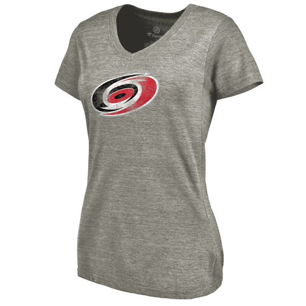 Carolina Hurricanes Women's Distressed Team Logo Tri Blend V Neck T-Shirt Ash