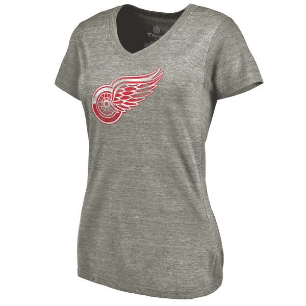 Detroit Red Wings Women's Distressed Team Logo Tri Blend V Neck T-Shirt Ash