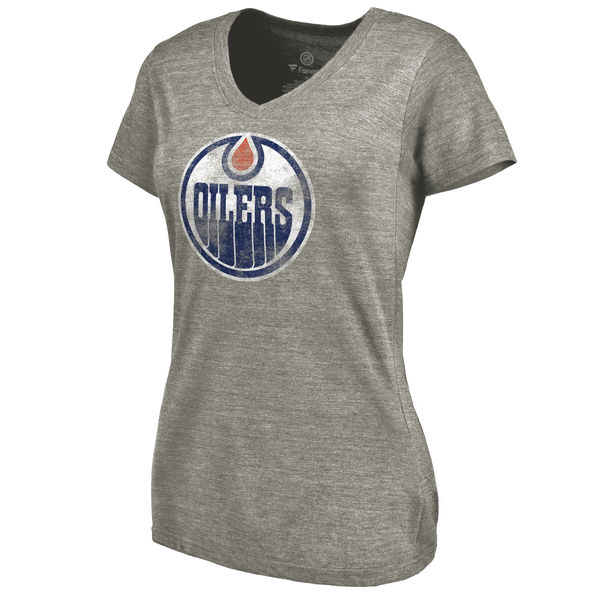 Edmonton Oilers Women's Distressed Team Logo Tri Blend V Neck T-Shirt Ash