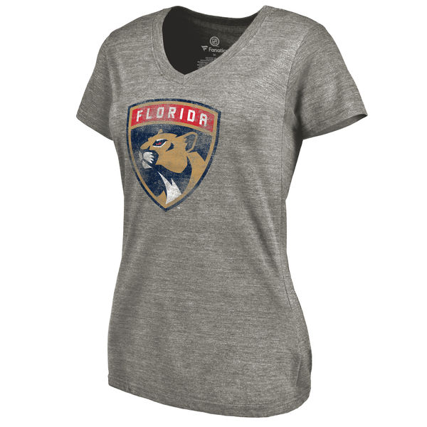 Florida Panthers Women's New Logo Distressed V Neck T-Shirt Heather Gray