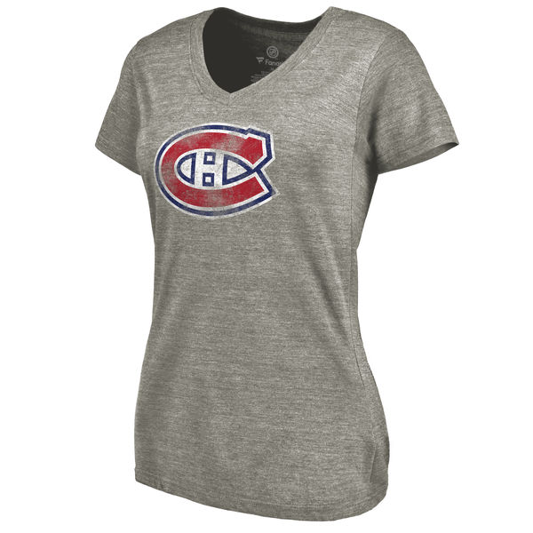 Montreal Canadiens Women's Distressed Team Logo Tri Blend V Neck T-Shirt Ash