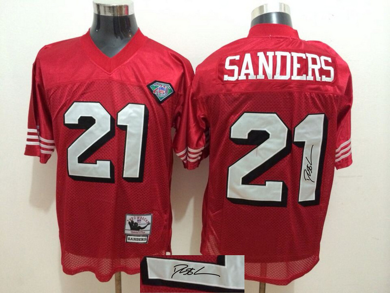 49ers 21 Deion Sanders Red With 75th Anniversary Patch Signature Edition M & N Jersey