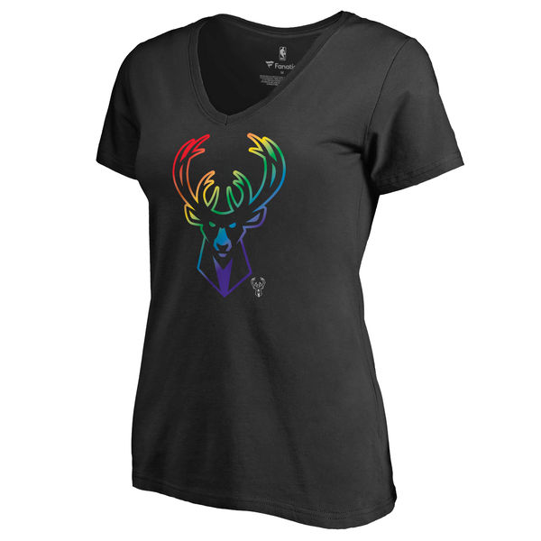 Women's Milwaukee Bucks Fanatics Branded Black Team Pride Slim Fit V Neck T-Shirt