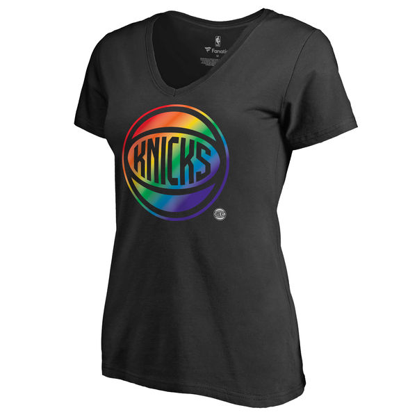 Women's New York Knicks Fanatics Branded Black Team Pride Slim Fit V Neck T-Shirt