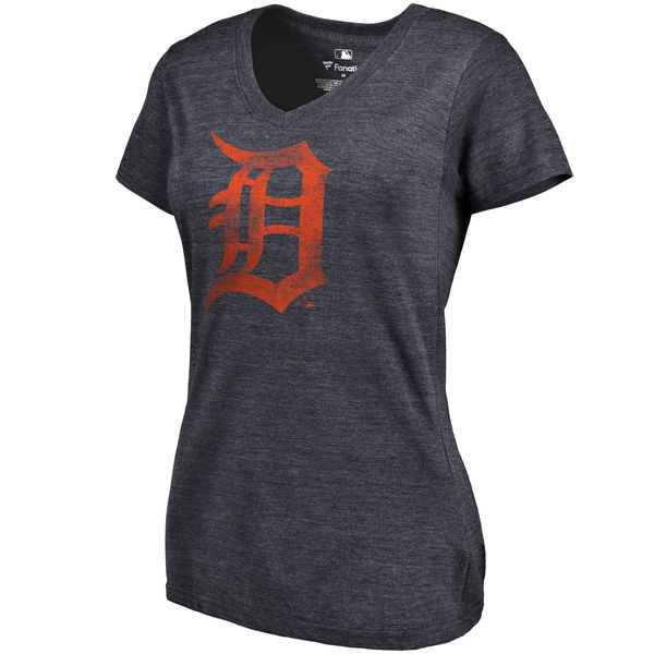 Detroit Tigers Fanatics Branded Women's Primary Distressed Team Tri Blend V Neck T-Shirt Heathered Navy