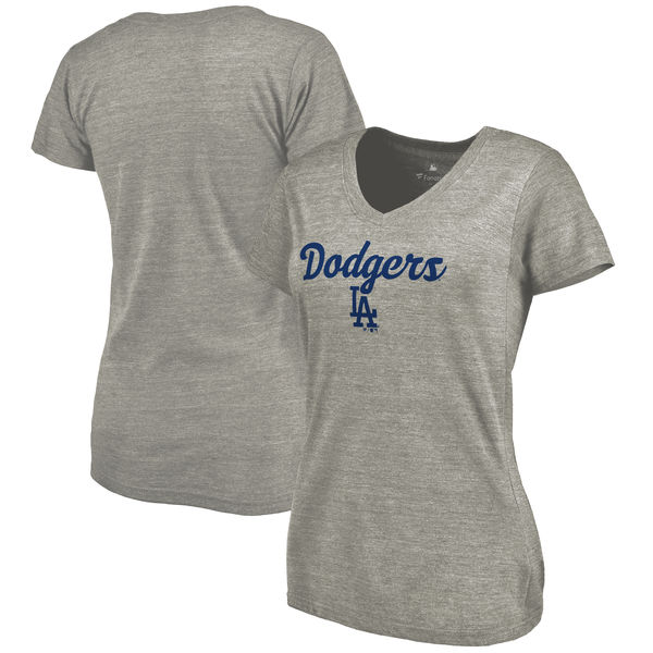 Los Angeles Dodgers Women's Freehand V Neck Slim Fit Tri Blend T-Shirt Ash