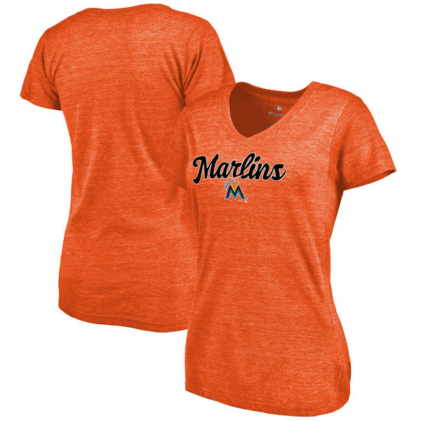 Miami Marlins Women's Freehand V Neck Slim Fit Tri Blend T-Shirt Orange