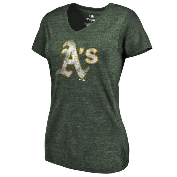 Oakland Athletics Fanatics Branded Women's Primary Distressed Team Tri Blend V Neck T-Shirt Heathered Green