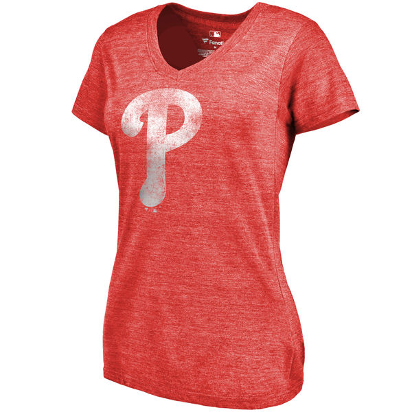 Philadelphia Phillies Fanatics Branded Women's Primary Distressed Team Tri Blend V Neck T-Shirt Heathered Red