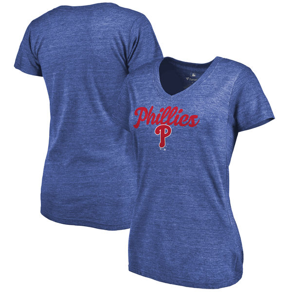 Philadelphia Phillies Women's Freehand V Neck Slim Fit Tri Blend T-Shirt Royal