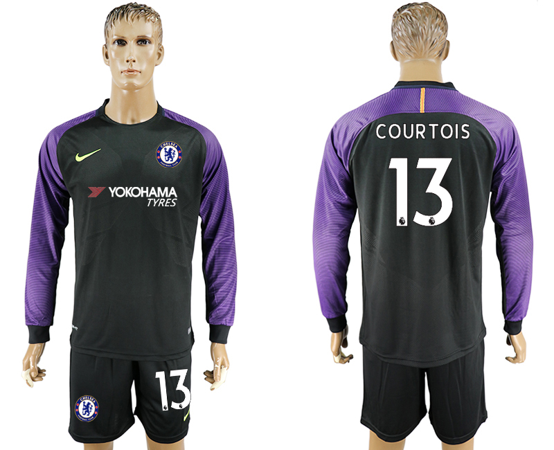 2017-18 Chelsea 13 COURTOIS Black Goalkeeper Long Sleeve Soccer Jersey