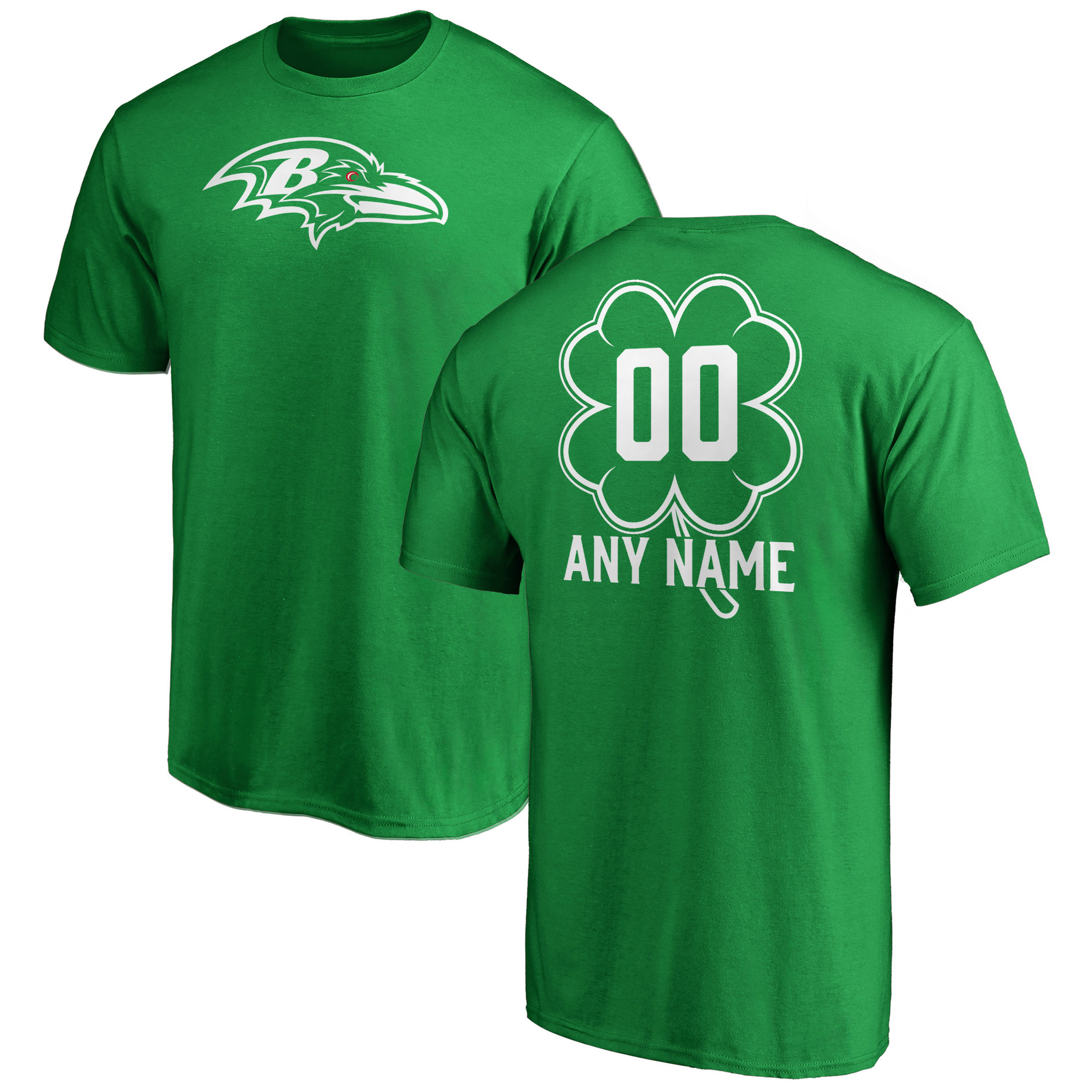 Men's Baltimore Ravens NFL Pro Line by Fanatics Branded Kelly Green St. Patrick's Day Personalized Name & Number T-Shirt