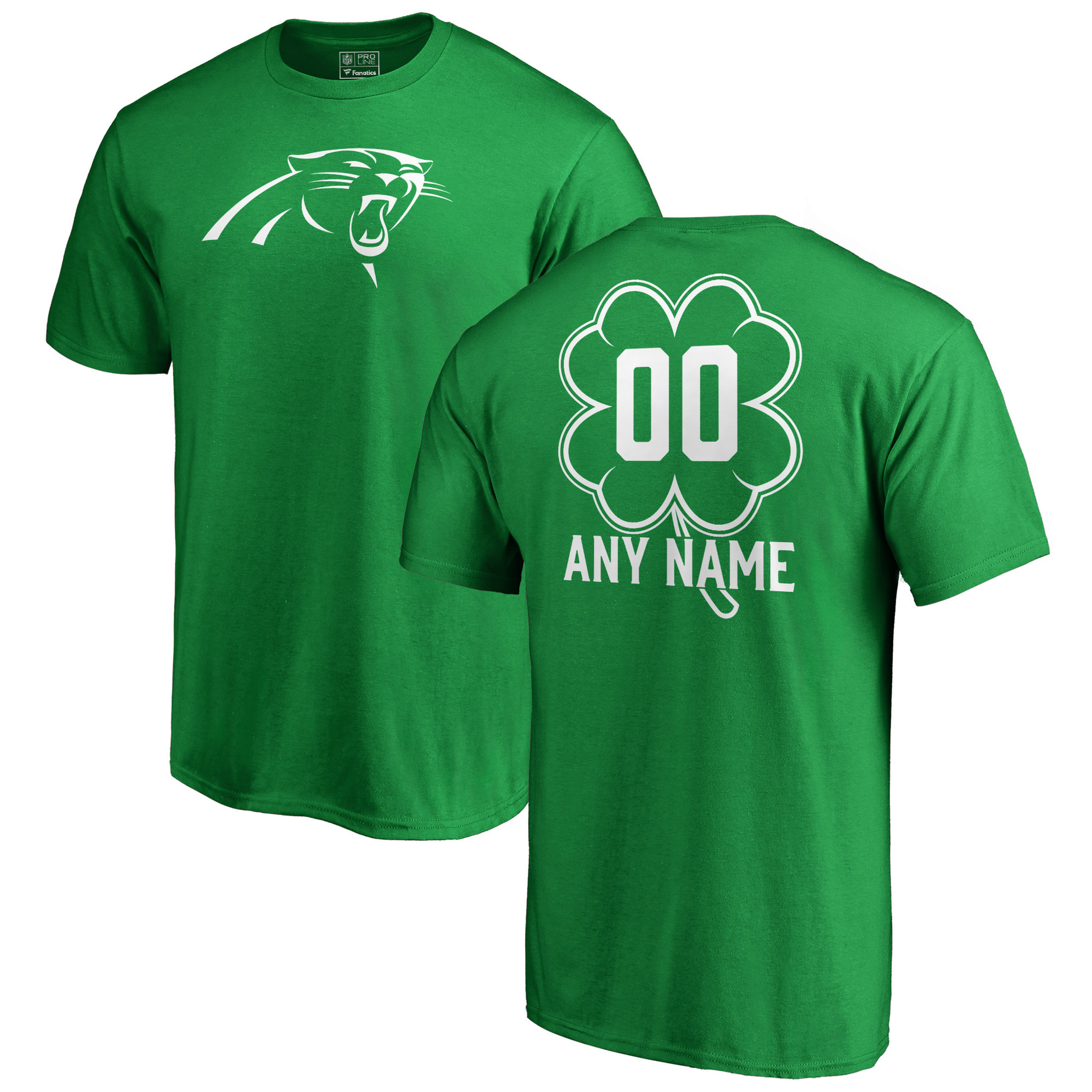 Men's Carolina Panthers NFL Pro Line by Fanatics Branded Kelly Green St. Patrick's Day Personalized Name & Number T-Shirt