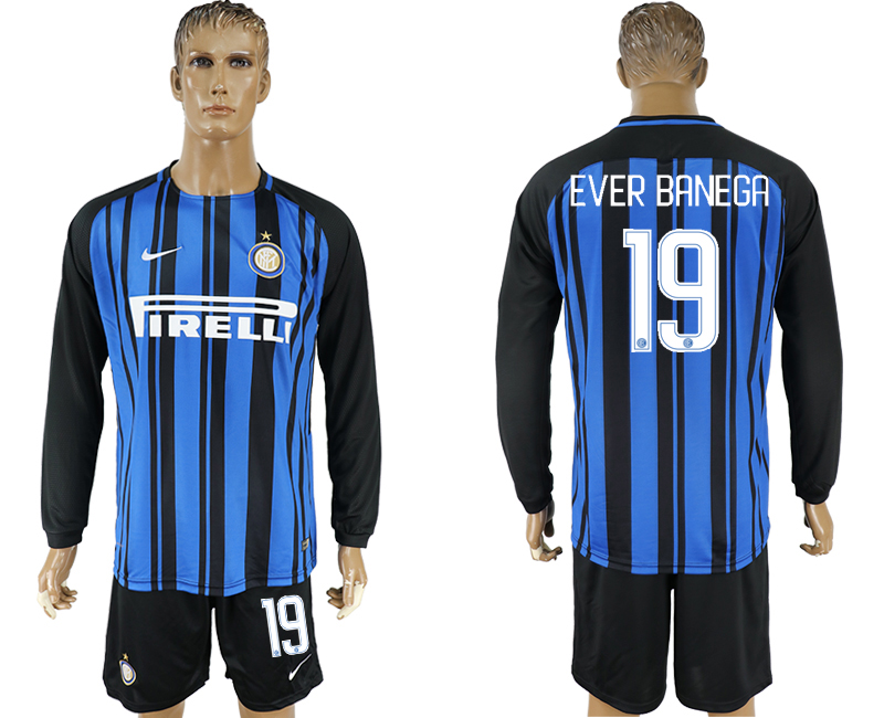 2017-18 Inter Milan 19 EVER BANEGA Home Long Sleeve Soccer Jersey