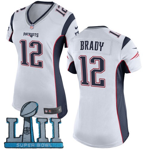 Nike Patriots 12 Tom Brady White Women 2018 Super Bowl LII Game Jersey