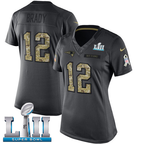 Nike Patriots 12 Tom Brady Anthracite Women 2018 Super Bowl LII Salute to Service Limited Jersey