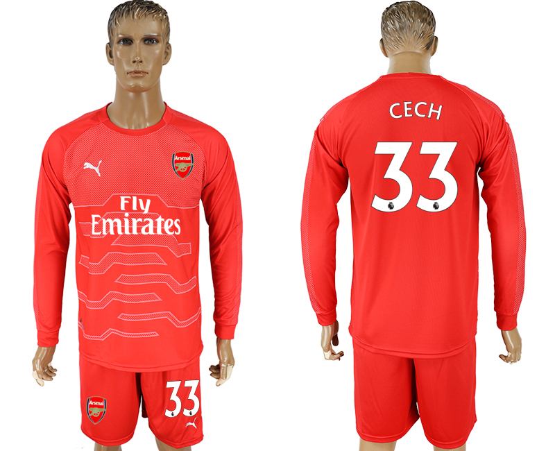 2017-18 Arsenal 33 CECH Red Long Sleeve Goalkeeper Soccer Jersey