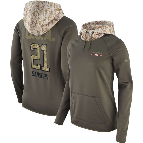 Nike 49ers 21 Deion Sanders Olive Women Salute To Service Pullover Hoodie