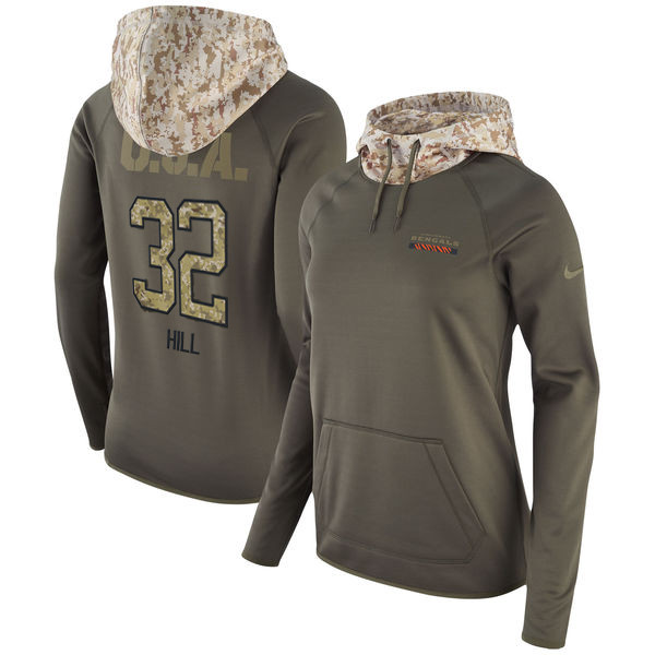 Nike Bengals 32 Jeremy Hill Olive Women Salute To Service Pullover Hoodie