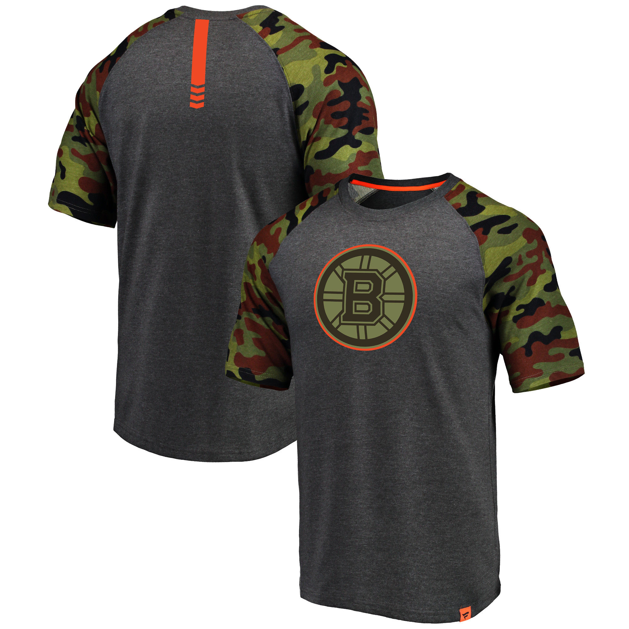 Boston Bruins Fanatics Branded Heathered Gray/Camo Recon Camo Raglan T-Shirt