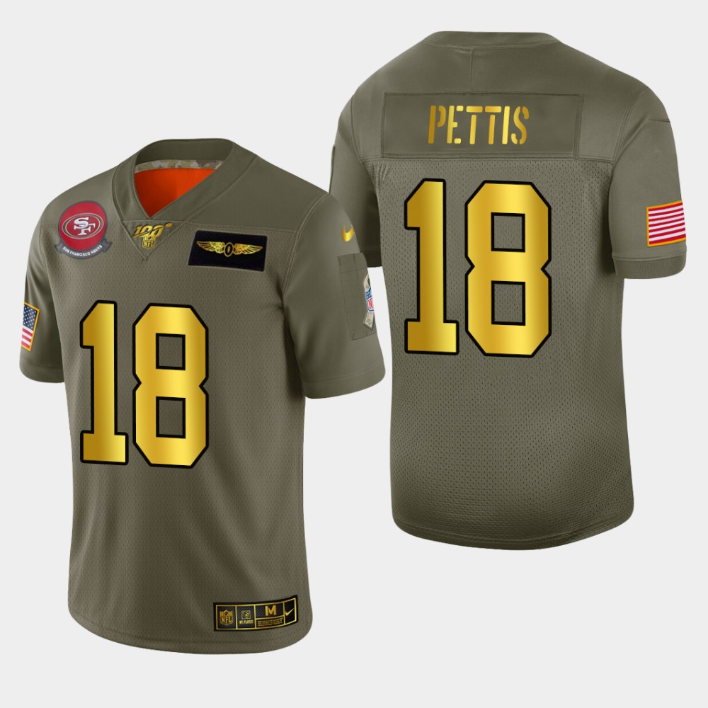 Nike 49ers 18 Dante Pettis 2019 Olive Gold Salute To Service 100th Season Limited Jersey