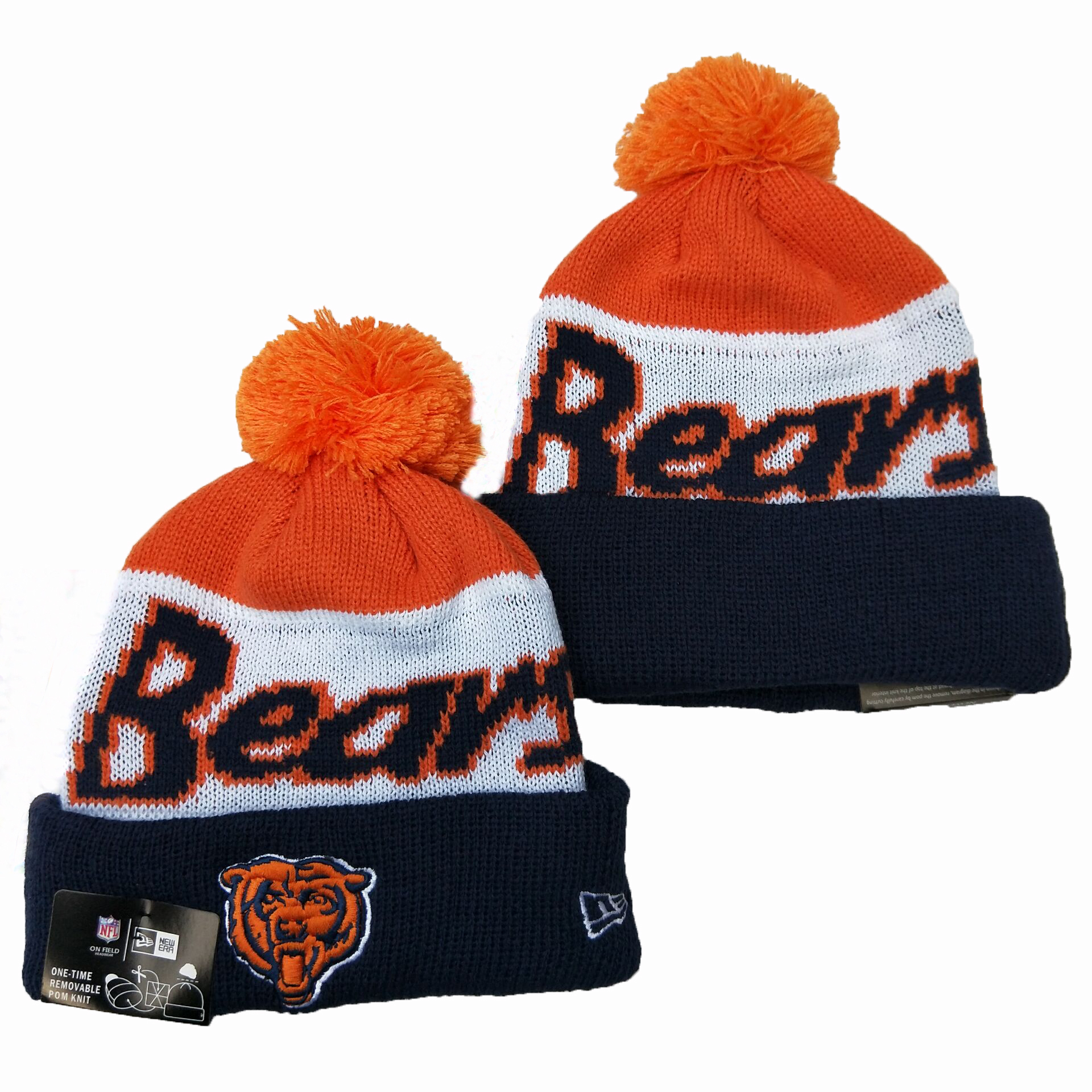 Bears Team Logo Navy Orange Pom Knit Hat YD