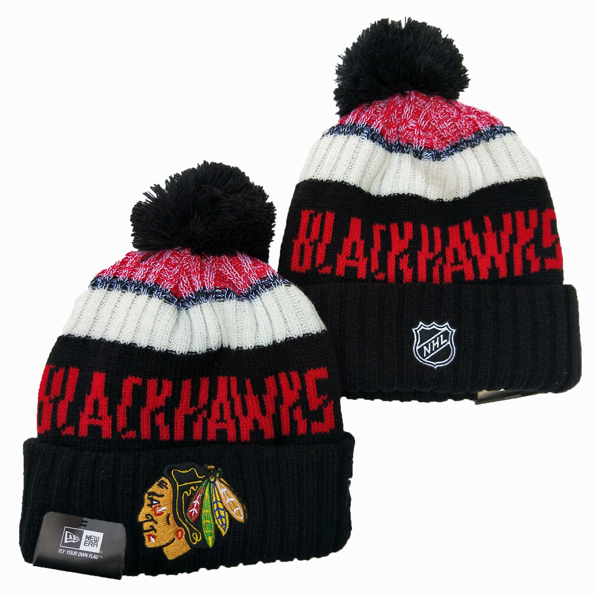 Blackhawks Team Logo Black Wordmark Cuffed Pom Knit Hat YD
