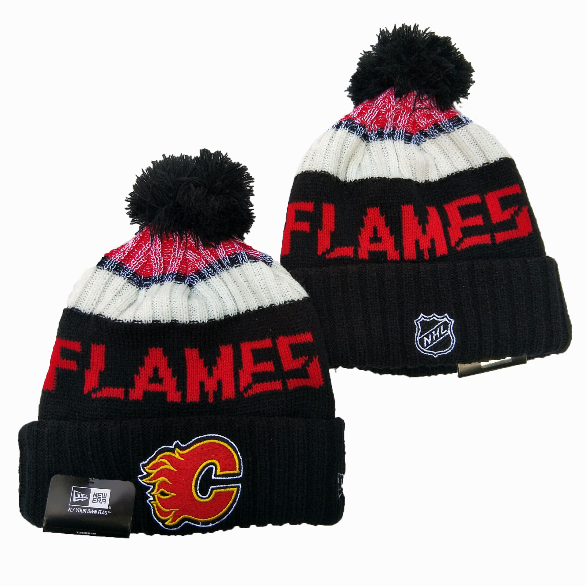 Flames Team Logo Black Wordmark Cuffed Pom Knit Hat YD