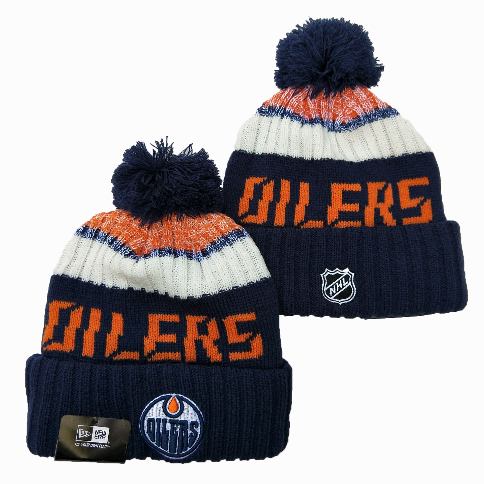 Oilers Team Logo Navy Wordmark Cuffed Pom Knit Hat YD