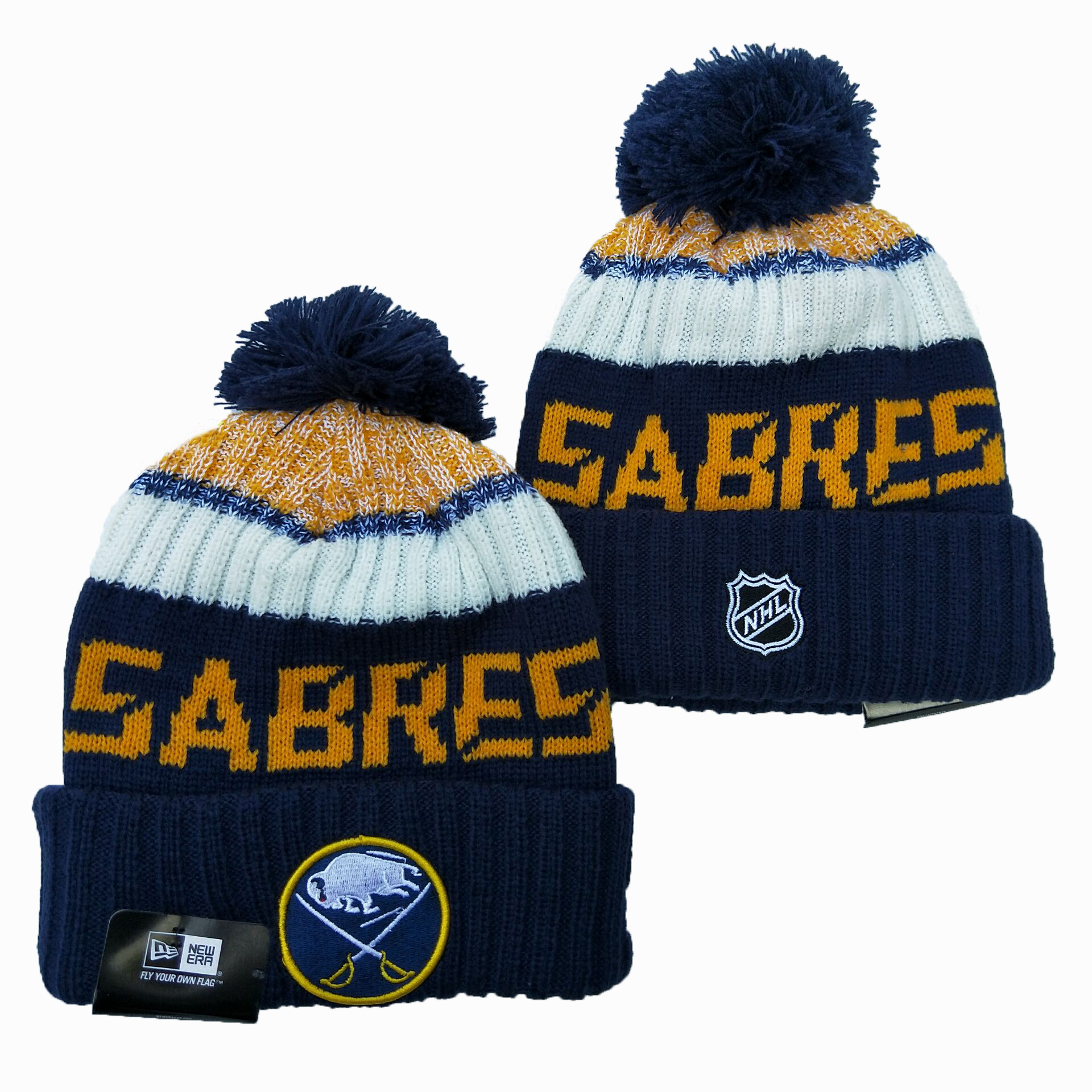 Sabres Team Logo Navy Wordmark Cuffed Pom Knit Hat YD